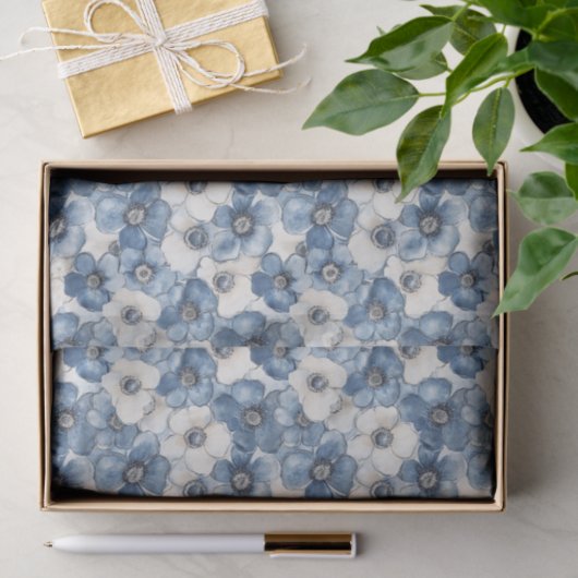 Blauw Witte Denim Bloemen Bruidsfeest Tissuepapier (Geschenk)