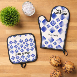 Blauw-witte-diamantcontrole Ovenwant & Pannenlap Set