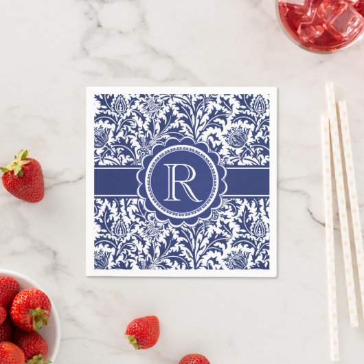 Blauw-witte elegantie William Morris Monogram Servetten (Insitu)