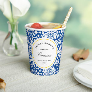 Blauw Witte Gele Chic Vrouwelijke Damast Patroon Papieren Bekers