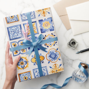 Blauw Witte Gele Tegels Patroon Zomer Esthetiek Cadeaupapier