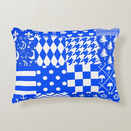 Blauw Witte Gemengde Patronen Patchwork Ontwerp Accent Kussen (Voorkant)