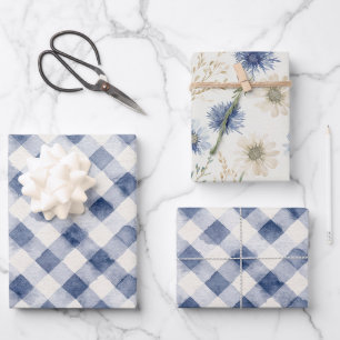 Blauw Witte Geruite Strepen Verjaardag Inpakpapier Vel