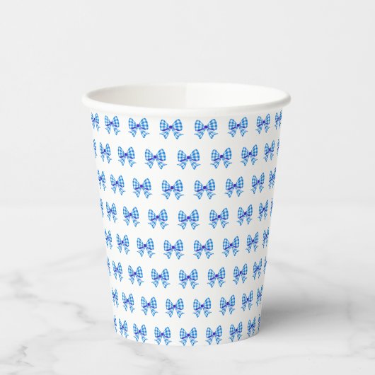 Blauw-witte gingham boog patroon papieren bekers (Links)