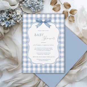 Blauw Witte Gingham Whimsische Baby Shower Kaart
