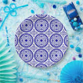 Blauw Witte Gotische Tegelmotief Papieren Bordje (Feest)
