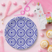 Blauw Witte Gotische Tegelmotief Papieren Bordje (Feest)