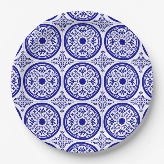 Blauw Witte Gotische Tegelmotief Papieren Bordje (Voorkant)