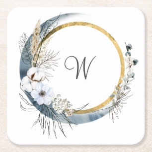 Blauw Witte Gouden Bloemige Monogram Boho Trouw Vierkante Kartonnen Onderzetter