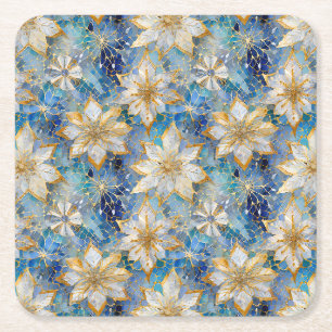Blauw Witte Gouden Kerst Poinsettia's Vierkante Kartonnen Onderzetter