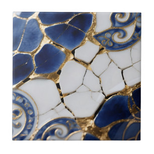 Blauw Witte Gouden Kintsugi Porseleinen Mozaïek Tegeltje
