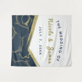 Blauw Witte & Gouden Marmer Chic Modern Trouwen Wandkleed (Voorkant (horizontaal))