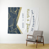 Blauw Witte & Gouden Marmer Chic Modern Trouwen Wandkleed (In Situ (horizontaal))