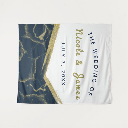 Blauw Witte & Gouden Marmeren Chic Moderne Trouwda Wandkleed (Voorkant (horizontaal))