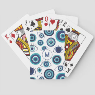 Blauw Witte Griekse Boze Oog Patroon Monogram Pokerkaarten