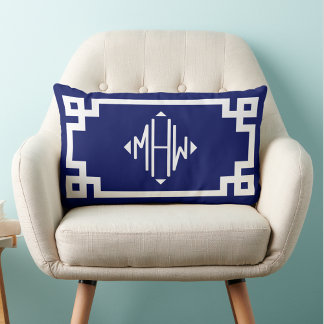 Blauw Witte Griekse Sleutel #2 Diamanten Monogram Kussen