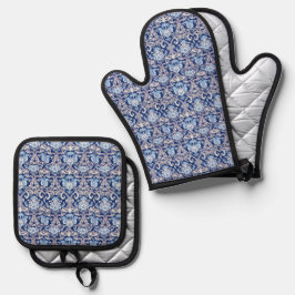 Blauw Witte Grijze Bloemrijke Sierlijke 19e-eeuwse Ovenwant & Pannenlap Set