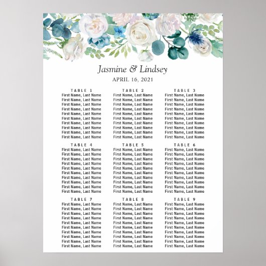 Blauw-witte groene Floral Wedding Seating Chart Poster (Voorkant)