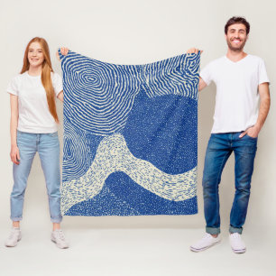 Blauw Witte Houtsnede Golf Abstract Patroon Fleece Deken