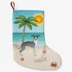 Blauw-Witte Iggy-hond op een Tropisch Zomerstrand Kleine Kerstsok
