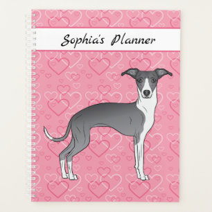 Blauw-Witte Italiaanse Windhond op Roze Harten Planner