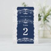 Blauw & Witte Kant Bruiloft Tafel Nummer Kaarten (Staand voorkant)
