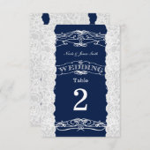 Blauw & Witte Kant Bruiloft Tafel Nummer Kaarten (Voorkant / Achterkant)