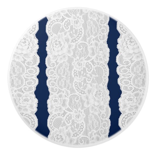 Blauw & Witte Kant Rustieke Romantische Elegante Keramische Knop (Voorkant)
