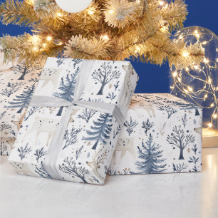 Blauw Witte Kerstbomen Herten Cadeaupapier