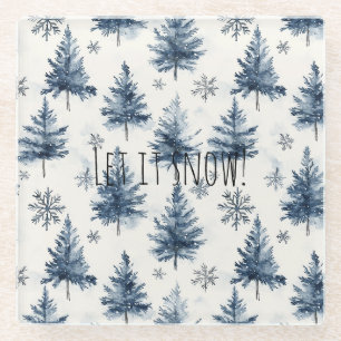 Blauw Witte Kerstbomen Sneeuwvlokken Glazen Onderzetter