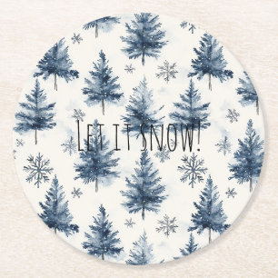 Blauw Witte Kerstbomen Sneeuwvlokken Ronde Kartonnen Onderzetter