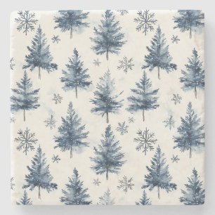 Blauw Witte Kerstbomen Sneeuwvlokken Stenen Onderzetter