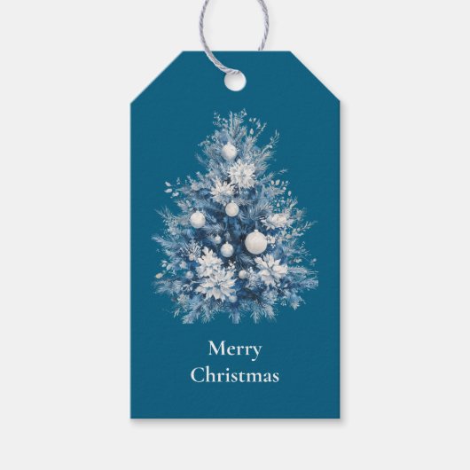 Blauw-witte kerstboom cadeaulabel (Voorkant)