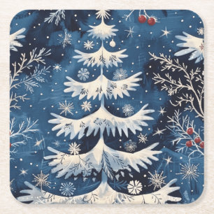 Blauw Witte Kerstboom Vakantie Papieren Onderzette Vierkante Kartonnen Onderzetter