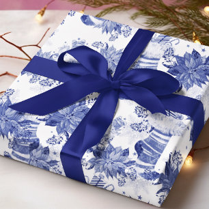 Blauw Witte Kerstmutsen Handschoenen Bloemmotief Cadeaupapier