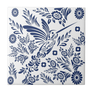 Blauw & Witte Kolibrie Mexicaanse Bloem Talavera Tegeltje