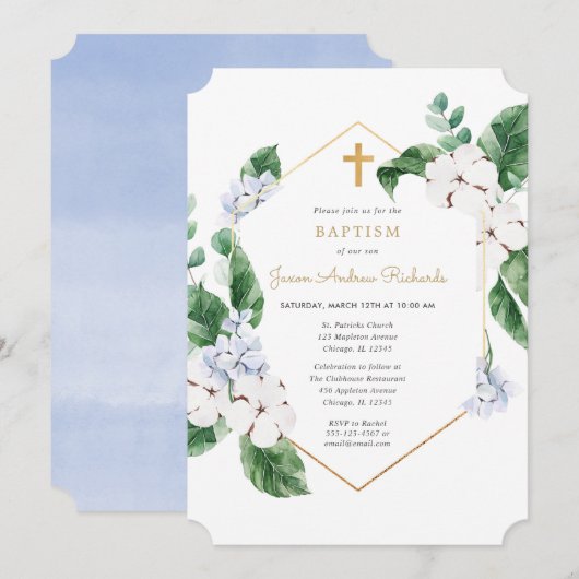 Blauw witte lente bloemen gouden jongen doop kaart (Voorkant / Achterkant)