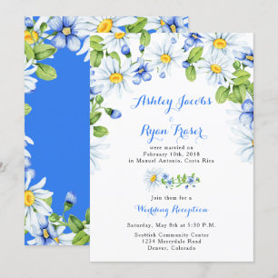 Blauw Witte Madelief Post Bruiloftsreceptie Alleen Kaart
