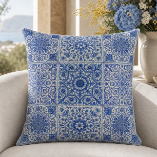 Blauw Witte Mediterraanse Tegel Botanisch Patroon Kussen