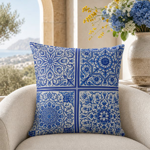 Blauw Witte Mediterraanse Tegel Botanisch Patroon Kussen