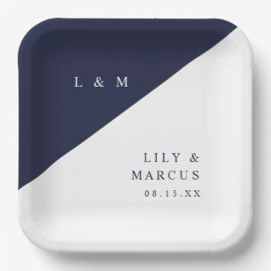 Blauw Witte Moderne Minimalistische Monogram Trouw Papieren Bordje