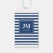 Blauw-witte nautische strepen Monogram Cadeaulabel (Voorkant)