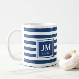 Blauw-witte nautische strepen Monogram Koffiemok