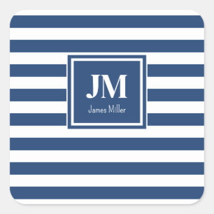 Blauw-witte nautische strepen Monogram Vierkante Sticker