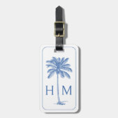 Blauw-witte palmboom Monogram Bagagelabel (Voorkant verticaal)