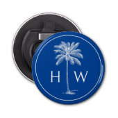 Blauw-witte palmboom Monogram Button Flesopener (Voorkant)