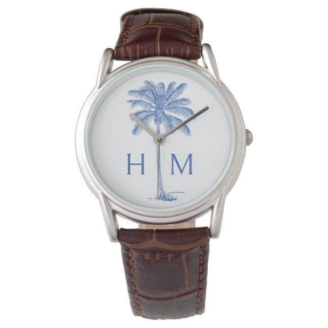 Blauw-witte palmboom Monogram Horloge (Voorkant)