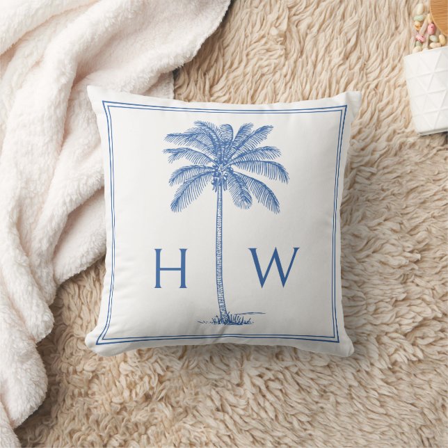 Blauw-witte palmboom Monogram Kussen (Deken)