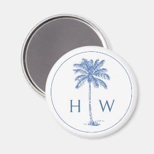 Blauw-witte palmboom Monogram Magneet