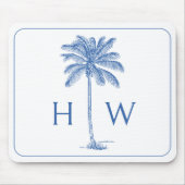 Blauw-witte palmboom Monogram Muismat (Voorkant)
